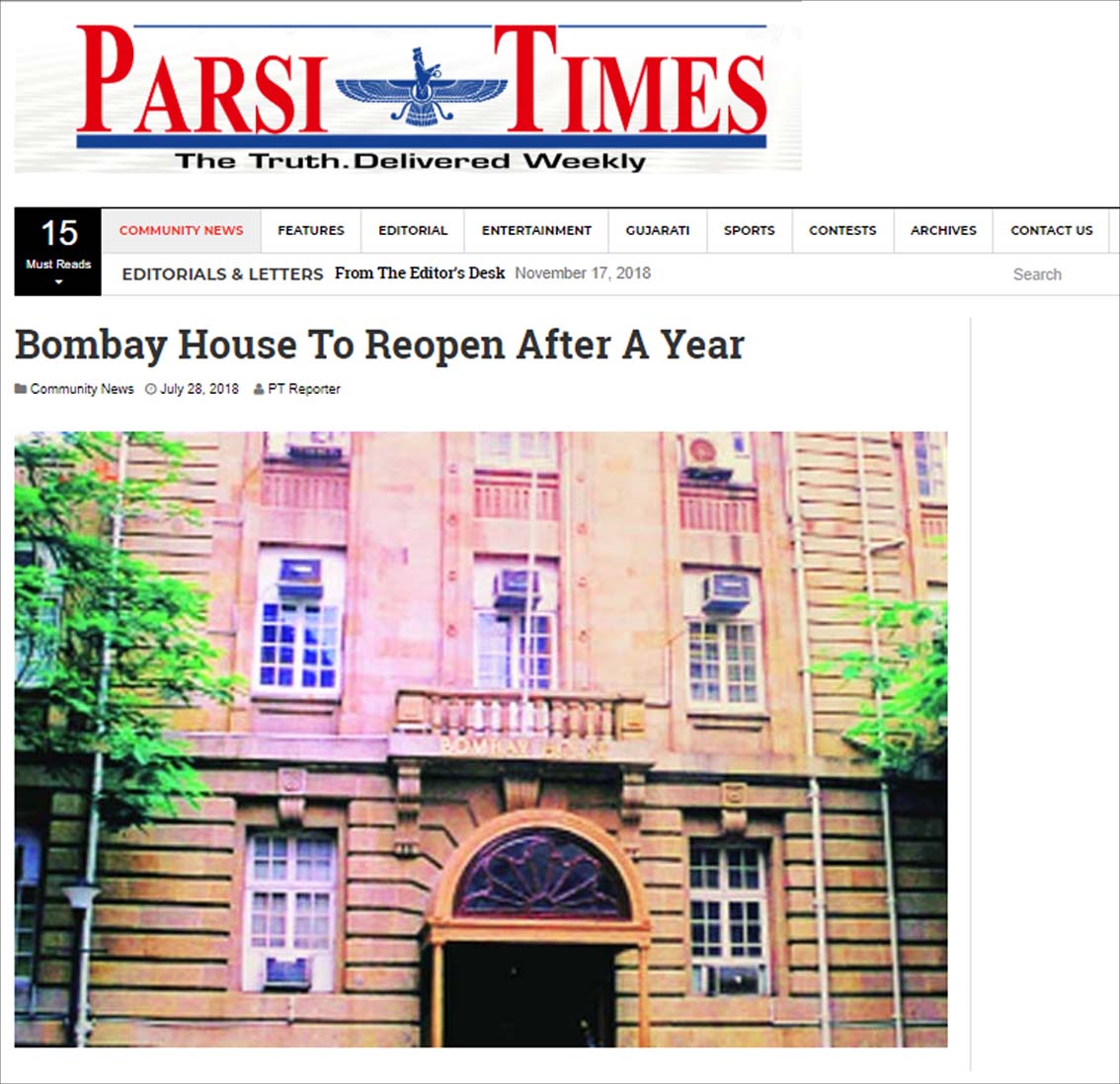 Bombay House To Reopen After A Year , Parsi Times - July 2018